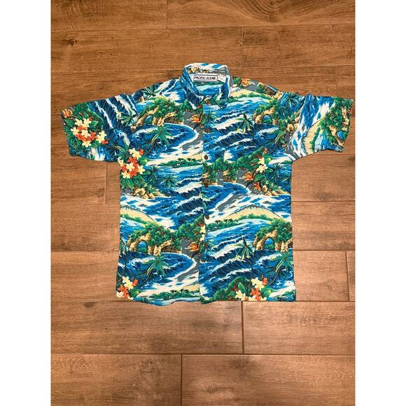 Pacific Scene Hawaiian Shirt Short Sleeve Palm Trees Surf Floral Men's Size L - Picture 2 of 4